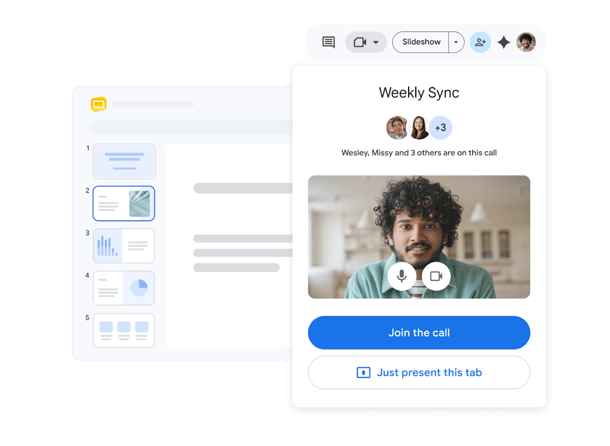 Окно встречи Google Meet рядом с презентацией Google Slides
